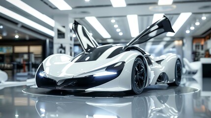 Futuristic Concept Car with Gullwing Doors and Glossy White Finish in Modern Showroom