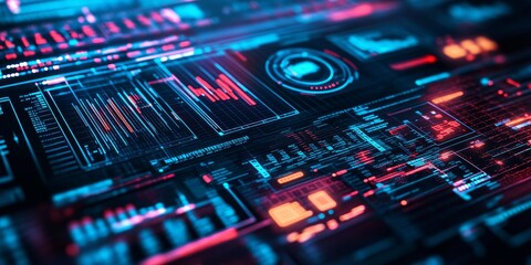 Obraz premium Macro shot of a digital financial management system with futuristic tech elements, highlighting advanced technology in business operations