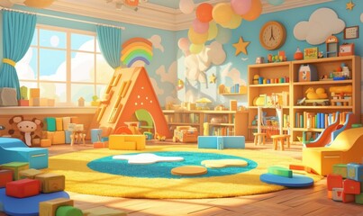 Fototapeta premium Vibrant Anime-Style 3D Playroom: Whimsical School Game Area for Children's Learning Adventures. Empty Classroom Awaits Back-to-School Magic. Perfect for Educational Marketing, Animated UI Design, and 
