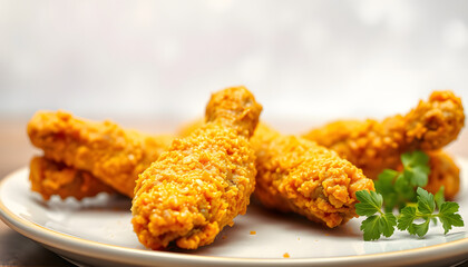 Delicious fried chicken wings with golden crust served with on plate isolated with white highlights, png