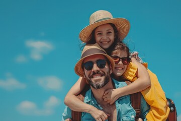 A happy family standing together with packed luggage, excited and ready to go on a trip