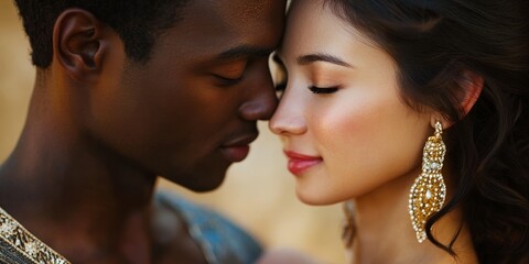 Obraz premium Close-up of a couple from different cultural backgrounds sharing a moment of affection, highlighting the beauty of multicultural relationships