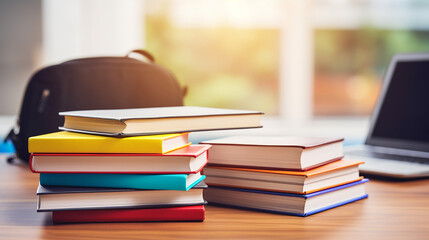 Stack of Books on a Desk with bag in a Study Environment