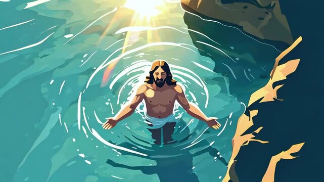 Baptism of Jesus Christ in the Jordan River captured in a traditional artistic painting style 4k new stock video footage AI