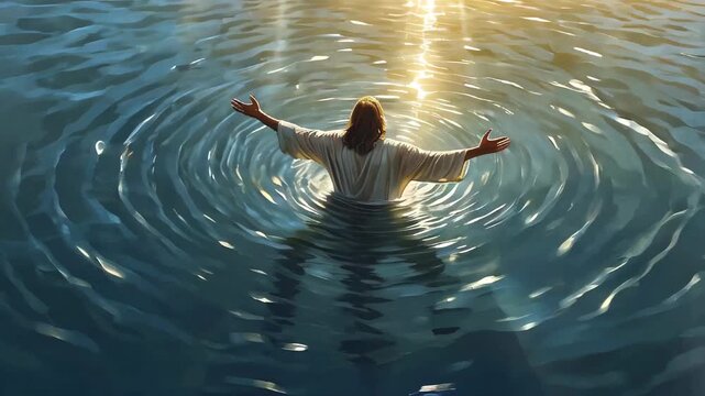 Baptism of Jesus Christ in the Jordan River captured in a traditional artistic painting style 4k new stock video footage AI