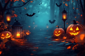 Halloween night background with lanterns, pumpkins, jakc o lanterns and bats in the dark forest path