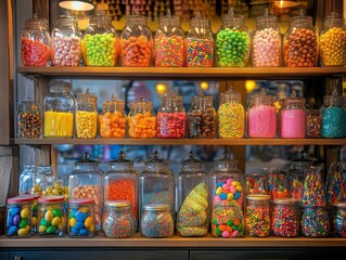 Colorful candy store display with sweet treats in jars, tempting passersby with nostalgic favorites