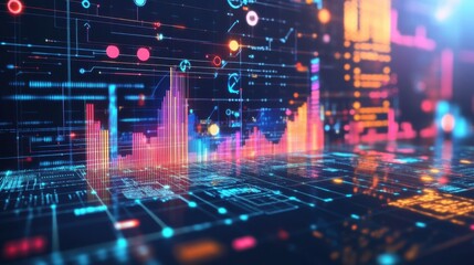 Futuristic Technology Adoption Analysis with Digital Icons and Trend Lines - 3D Illustration Concept for Industry Trends Assessment