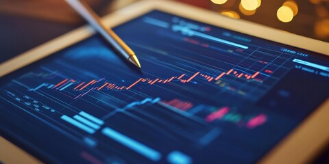Detailed view of a digital tablet with a stylus, displaying interactive financial charts, showcasing the integration of tech in daily tasks