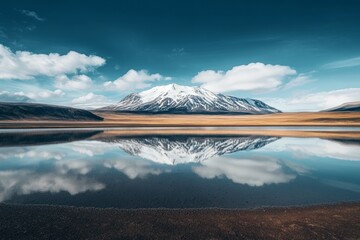 Surreal mountain reflection in lake  snowy peaks and clouds, sony a7r iv capture