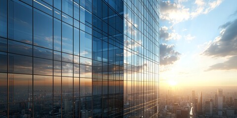 Detailed view of a modern skyscraperG??s glass exterior reflecting the city skyline, illustrating the sleek and contemporary design of urban buildings