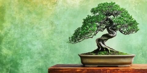 Elegance in Miniature: An Ornate Pot Housing a Serene Bonsai Tree on a Lush Green Background