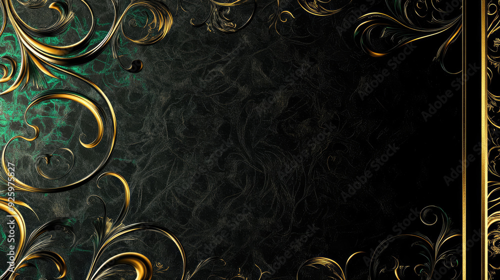 Poster a black and gold background with a green and gold swirl pattern on it and a black background