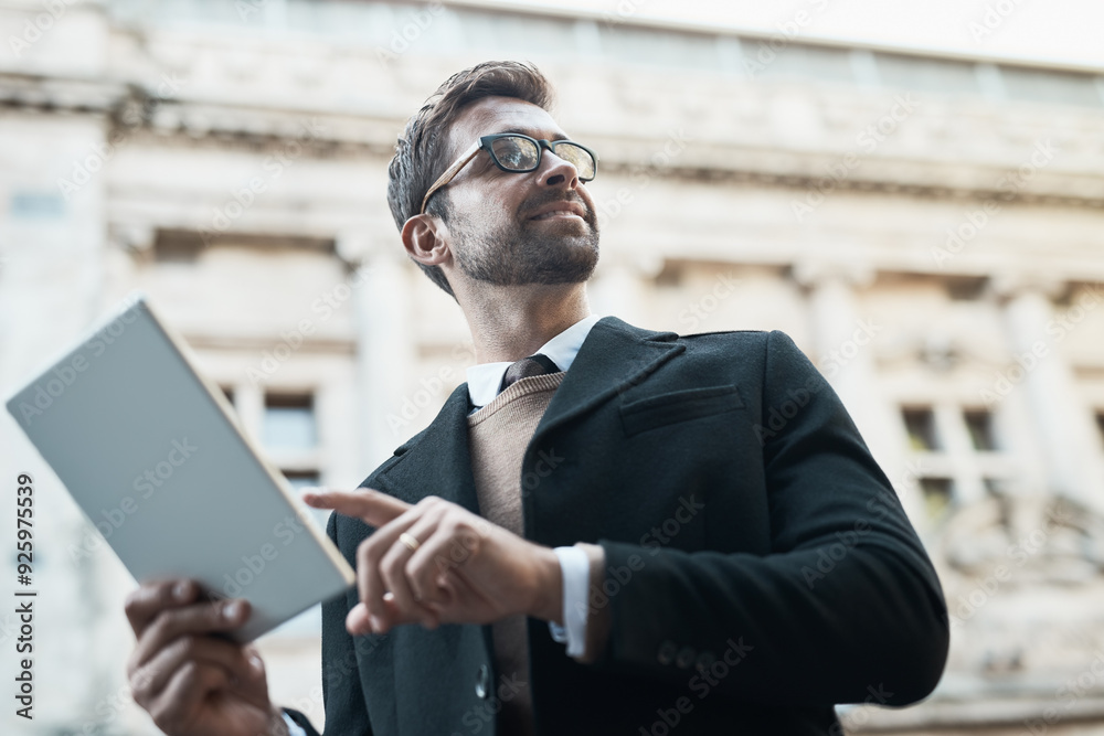 Poster Business, man and looking away with tablet on street for connection, communication and networking as lawyer. Entrepreneur, employee and smile for career with social media post or email notification