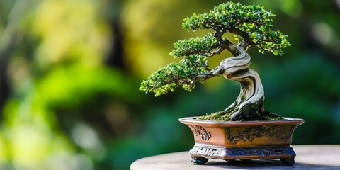 Elegance in Miniature: An Ornate Pot Housing a Serene Bonsai Tree on a Lush Green Background