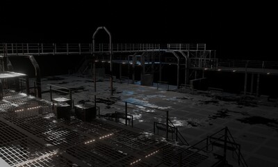 Side view military base scene in dark scene 3d rendering science fiction wallpaper background