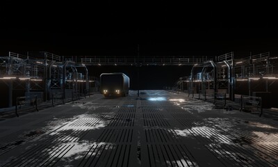 Fototapeta premium View of military base in dark scene 3d rendering sci-fi wallpaper background