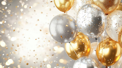holidays background with silver, golden balloons, confetti, sparkles, lights. anniversary. banner for birthday, party, christmas, new year, promotion social media cover, detailed and realistic image