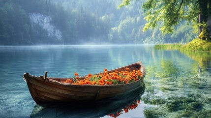 Obraz premium Wooden Boat Filled with Flowers on Tranquil Lake.