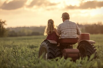 Generational farming  farmer father and daughter on tractor, legacy of family agriculture