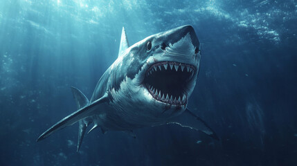 Naklejka premium A fearsome shark glides through the ocean depths, its menacing toothy mouth agape, revealing rows of sharp teeth. --ar 16:9 --v 6.1 Job ID: e228822f-c9f9-479c-a591-e3cfa1b2da02