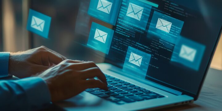 Close-up of a person typing a message on a laptop with email and chat windows open, highlighting the integration of online communication in daily tasks - Powered by Adobe