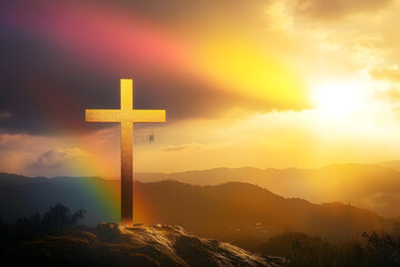 gold sunrise sky, cross jesus hope, rainbow background, golden god cross wallpaper poster design, religion faith, 