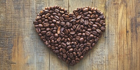 Aromatic Embrace: Heart-Shaped Arrangement of Coffee Beans on a Warm Wooden Background