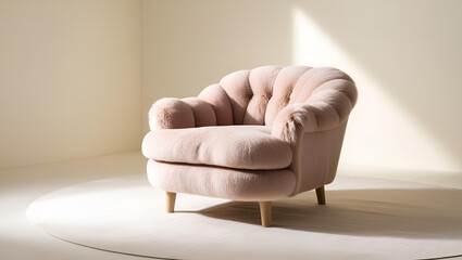 High resolution professional photograph of a solitary. Deep cream beige comfortable armchair on a plain backdrop. Comfort sofa isolated on light background.
