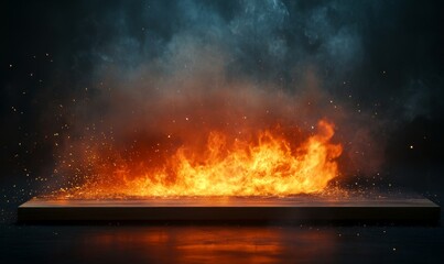 Sizzling Summer's End: Fiery Wooden Table with Sparks and Smoke. Dramatic Dark Background for Grilling Season, BBQ Events, and Autumn Arrival. Perfect for Food Marketing, Hot Deals, UI Design, and 4K 