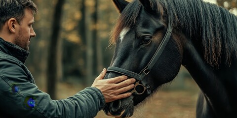 Obraz premium Detailed image of a horse interacting with its handler, emphasizing the bond and responsive behavior between animals and humans