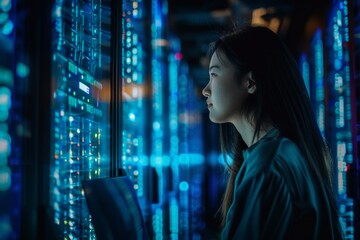 Laptop, network and data center with woman support engineer working in a dark server room on a futuristic background of programming, data, numbers. Computers, cybersecurity and analytics