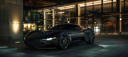 Fototapeta premium Luxurious Matte Black Sports Car Parked in Upscale Urban Environment at Night