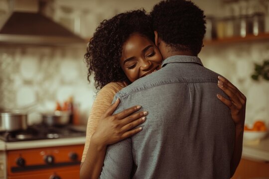 Grateful african american wife embracing husband in kitchen while cooking, space for text