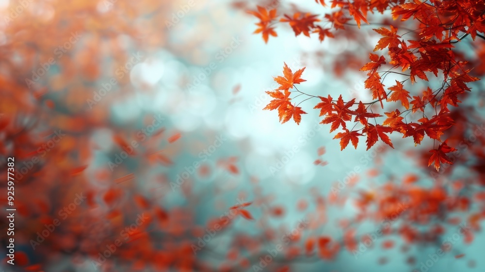 Poster vibrant red maple leaves dance gently in the crisp autumn air, illuminated by soft light filtering t