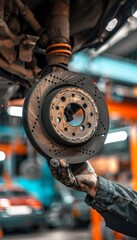 Mechanic Displaying Worn Brake Pad in Auto Repair Shop for Car Maintenance Awareness