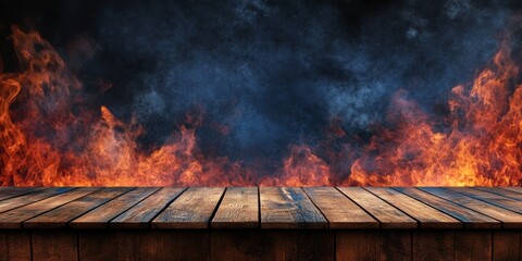Sizzling Summer's End: Fiery Wooden Table with Sparks and Smoke. Dramatic Dark Background for Grilling Season, BBQ Events, and Autumn Arrival. Perfect for Food Marketing, Hot Deals, UI Design, and 4K 