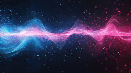 image of abstract illustration of pink blue frequency signal waves as particles passing in medium against dark background, high quality image