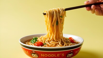 Default Instant noodles concept in cute blow on light yellow background. Instant noodles concept. A Tempting Bowl of Noodles Lifted Up by Chopsticks. Concept of Instant noodle Chopped with chopsticks.