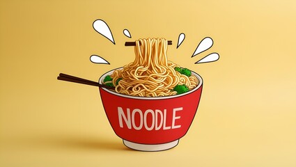Default Instant noodles concept in cute blow on light yellow background. Instant noodles concept. A Tempting Bowl of Noodles Lifted Up by Chopsticks. Concept of Instant noodle Chopped with chopsticks.