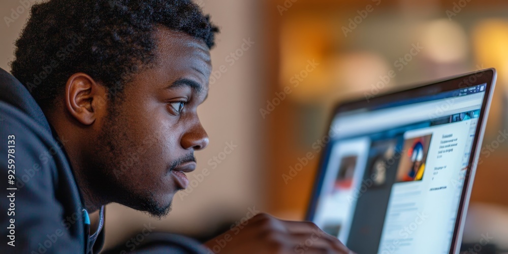 Fototapete Close-up of a student engaging in an online class on a laptop, with a focus on the screen displaying virtual lessons and interactive content
