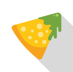 Single nacho chip covered in melted cheese and guacamole with long shadow