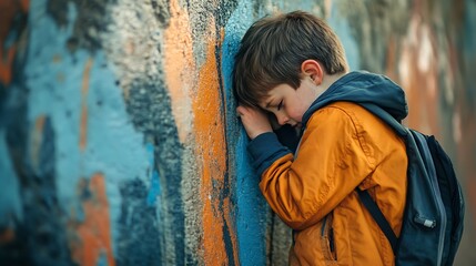 Obraz premium A young boy wearing an orange jacket with his head down, leaning against a graffiti-covered wall, feeling sad and alone.
