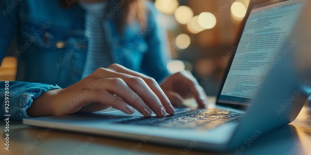 Aufkleber Close-up of a student engaging in an online class on a laptop, with a focus on the screen displaying virtual lessons and interactive content