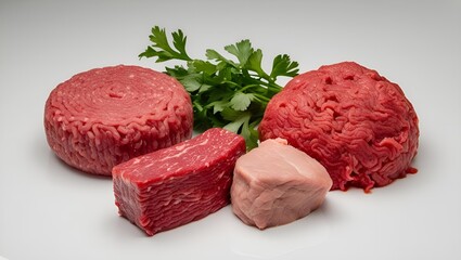 Fresh Uncooked Beef Cut Isolated. Fresh Raw Beef Steak for Recipe Preparation. Prime Uncooked Beef Cut on White Surface. Raw beef patties seasoned with aromatic spices and herbs ready to be cooked.  