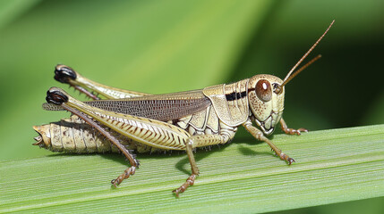 Fototapeta premium A grasshopper from Japan, the Japanese Rice Field Glasshopper, is seen resting on a green leaf. --ar 16:9 --v 6.1 Job ID: cc25a121-003a-4c60-acc2-6d3405b45f08