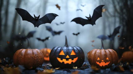 Naklejka premium a halloween scene with pumpkins and bats, detailed and intricate image