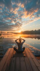 Tranquil Sunrise Meditation on a Wooden Deck by a Serene Lake Reflecting Inner Peace and Freedom