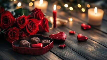 Romantic Valentine's Day Table Setting: A heart-shaped box of chocolates, a bouquet of red roses, and flickering candlelight create a romantic ambiance on a rustic wooden table.  