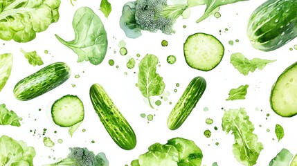 Watercolor Green Vegetables Seamless Pattern.
